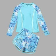 JingChang Teens Swim Wear Rash Guard 2 Piece Surf Set - Printed Long Sleeved Rash Guard and Swim Trunks for Kids,Sky Blue,10 Years